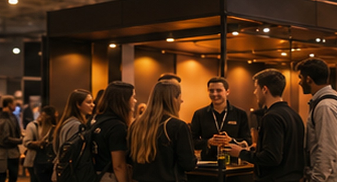 Exhibitors talking with visitors at a warm-lit stand — illustrative