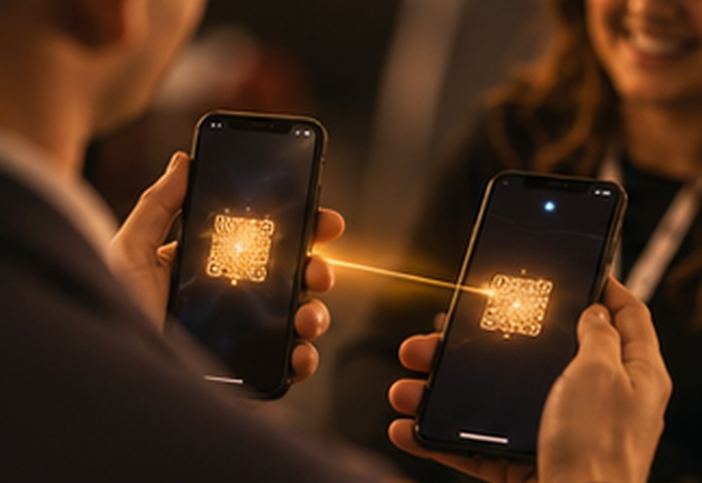 A FairTap™ pass being scanned between two phones — illustrative