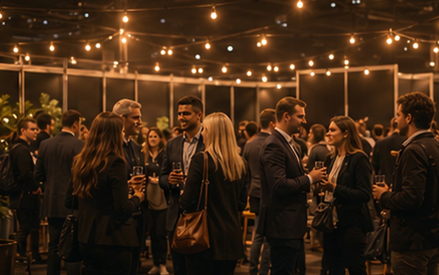 An evening networking reception under festoon lights — illustrative